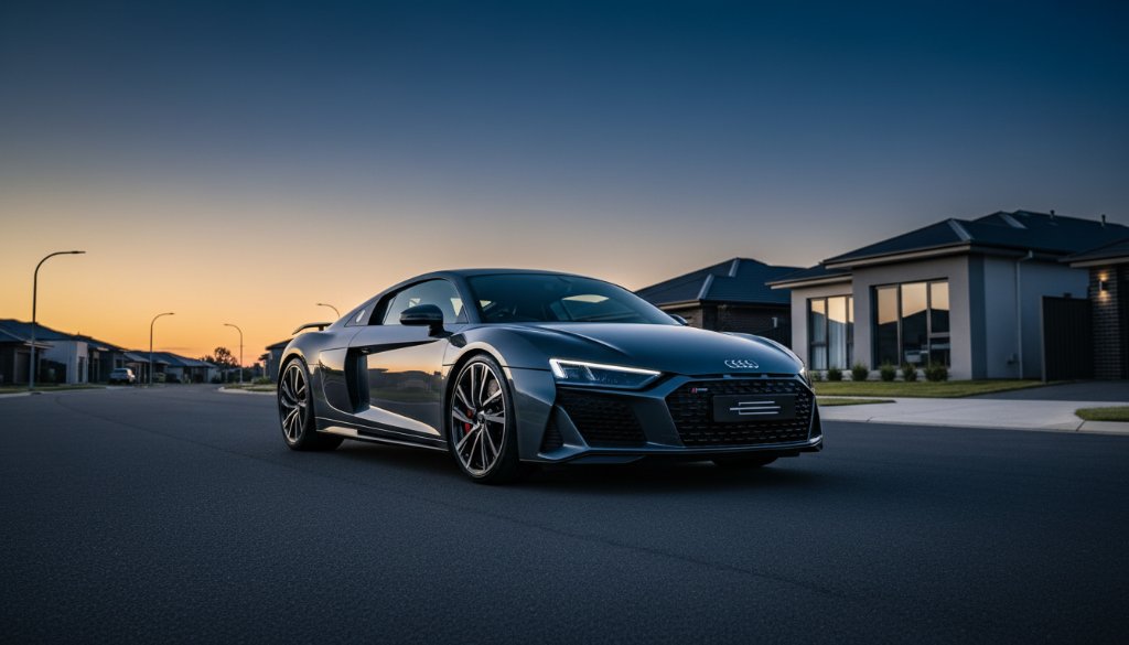 A custom-built, sleek sports car, perfectly illuminated by the dramatic golden hour and deep blue twilight sky in Clyde North, captured with dynamic motion blur during an expert Clyde North twilight sports car photography session, showcasing its powerful lines against a modern suburban backdrop.