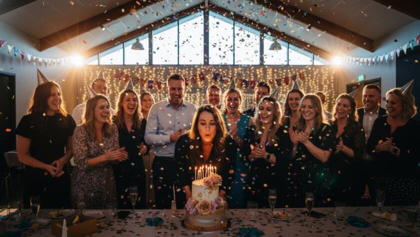 Dynamic wide-angle shot of a joyous group celebrating an epic moment at a birthday party in a beautifully decorated hall in Clyde North, Victoria, expertly captured by Clyde North unforgettable birthday party photography. Confetti falls, guests are laughing, and a vibrant cake is being cut, with professional lighting highlighting the festive atmosphere and genuine smiles.