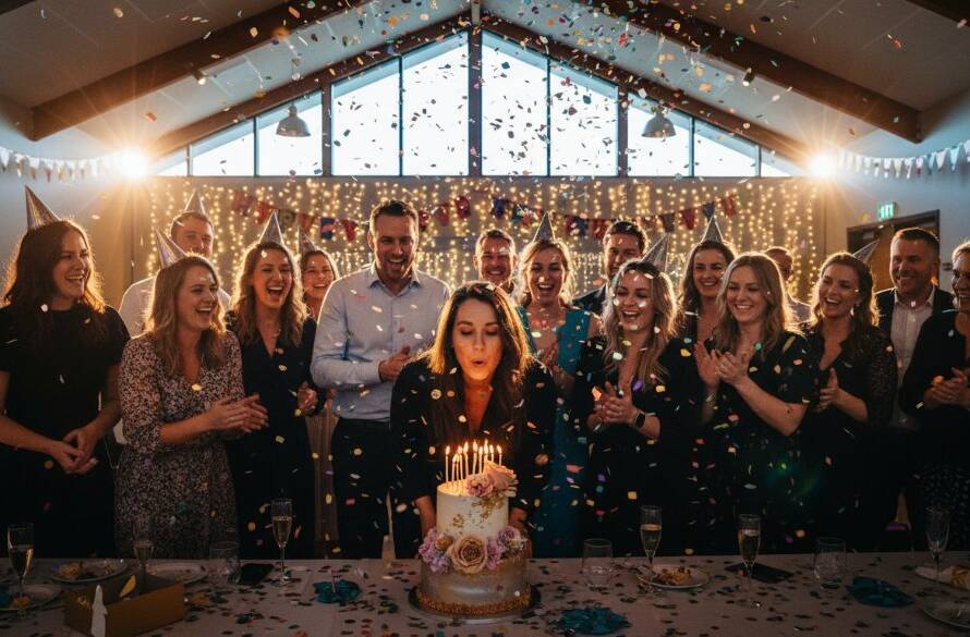 Dynamic wide-angle shot of a joyous group celebrating an epic moment at a birthday party in a beautifully decorated hall in Clyde North, Victoria, expertly captured by Clyde North unforgettable birthday party photography. Confetti falls, guests are laughing, and a vibrant cake is being cut, with professional lighting highlighting the festive atmosphere and genuine smiles.