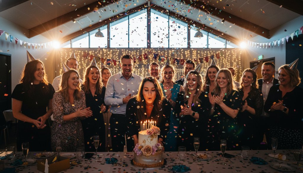 Dynamic wide-angle shot of a joyous group celebrating an epic moment at a birthday party in a beautifully decorated hall in Clyde North, Victoria, expertly captured by Clyde North unforgettable birthday party photography. Confetti falls, guests are laughing, and a vibrant cake is being cut, with professional lighting highlighting the festive atmosphere and genuine smiles.