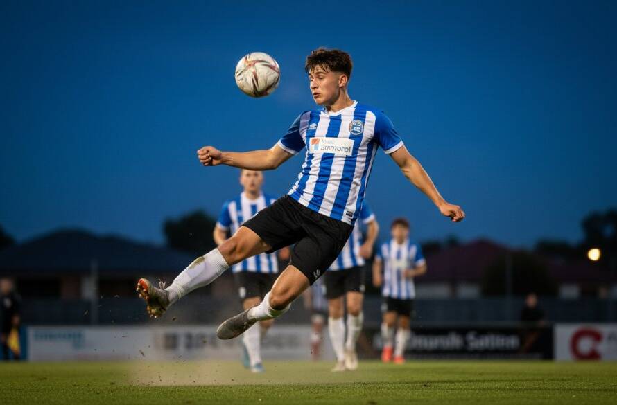 A young football player in mid-air, kicking a ball dramatically under stadium lights during a game in Clyde North, Victoria, capturing a quintessential Clyde North youth football photography moment with intense focus and athleticism.