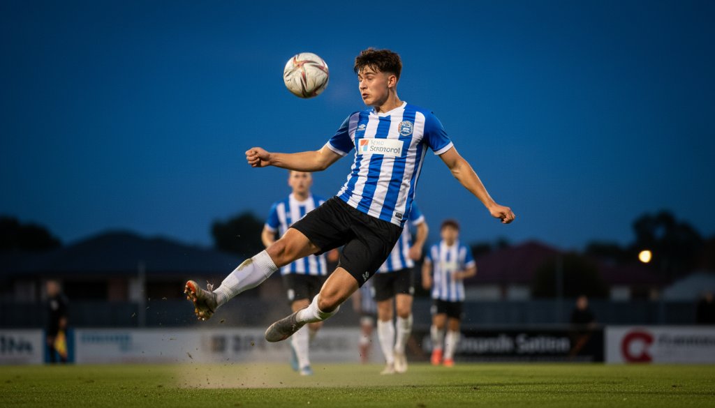 A young football player in mid-air, kicking a ball dramatically under stadium lights during a game in Clyde North, Victoria, capturing a quintessential Clyde North youth football photography moment with intense focus and athleticism.