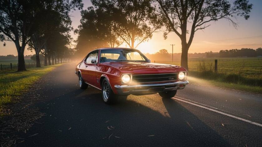 A dramatic, low-angle shot of a classic muscle car, a sleek, dark blue Ford Falcon GT, gleaming under the twilight sky on a quiet, tree-lined country road near Clyde, Victoria. Its headlights cut through a light, golden hour haze, creating a powerful, dynamic silhouette against the rolling farmlands. The scene expertly captured by Clyde Victoria automotive photography.