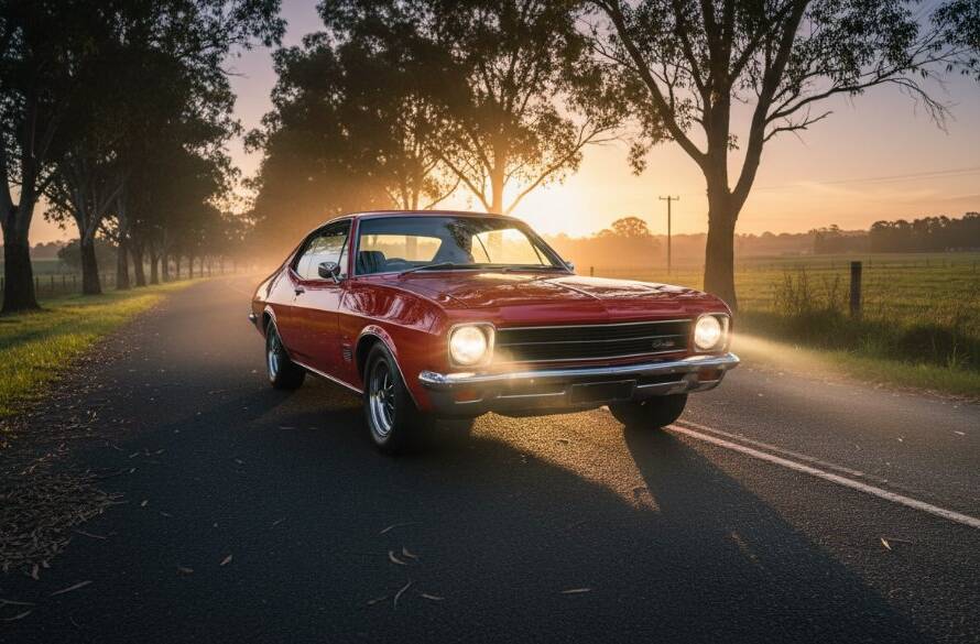 A dramatic, low-angle shot of a classic muscle car, a sleek, dark blue Ford Falcon GT, gleaming under the twilight sky on a quiet, tree-lined country road near Clyde, Victoria. Its headlights cut through a light, golden hour haze, creating a powerful, dynamic silhouette against the rolling farmlands. The scene expertly captured by Clyde Victoria automotive photography.