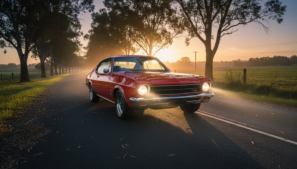 A dramatic, low-angle shot of a classic muscle car, a sleek, dark blue Ford Falcon GT, gleaming under the twilight sky on a quiet, tree-lined country road near Clyde, Victoria. Its headlights cut through a light, golden hour haze, creating a powerful, dynamic silhouette against the rolling farmlands. The scene expertly captured by Clyde Victoria automotive photography.