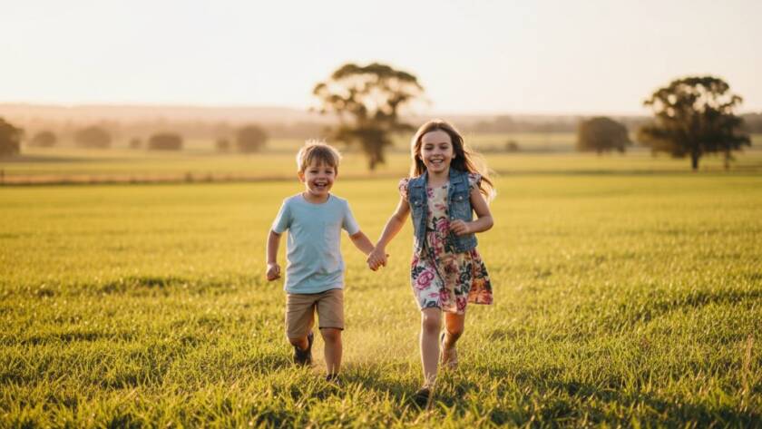 A vibrant, professionally color-graded photograph capturing an epic moment of two siblings laughing joyfully while running through a sun-dappled field near Clyde, Victoria, embodying Clyde Victoria children's candid lifestyle photography. Dramatic golden hour lighting illuminates their faces and movement, with the sprawling, green Australian landscape in the background. The composition is dynamic and full of life, creating an unforgettable and heartwarming scene.