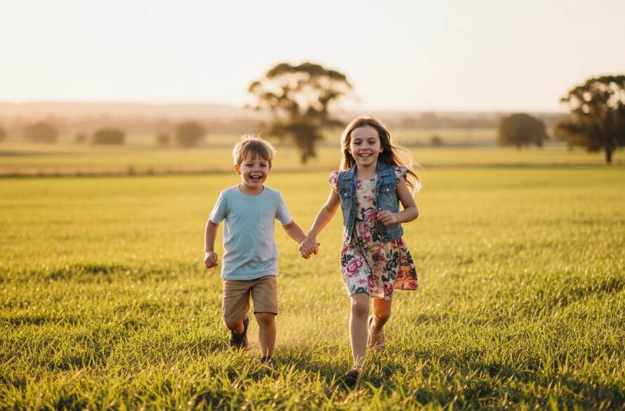 A vibrant, professionally color-graded photograph capturing an epic moment of two siblings laughing joyfully while running through a sun-dappled field near Clyde, Victoria, embodying Clyde Victoria children's candid lifestyle photography. Dramatic golden hour lighting illuminates their faces and movement, with the sprawling, green Australian landscape in the background. The composition is dynamic and full of life, creating an unforgettable and heartwarming scene.
