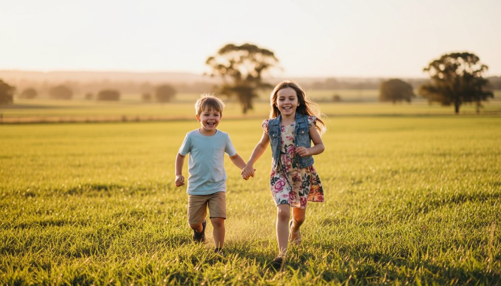 A vibrant, professionally color-graded photograph capturing an epic moment of two siblings laughing joyfully while running through a sun-dappled field near Clyde, Victoria, embodying Clyde Victoria children's candid lifestyle photography. Dramatic golden hour lighting illuminates their faces and movement, with the sprawling, green Australian landscape in the background. The composition is dynamic and full of life, creating an unforgettable and heartwarming scene.