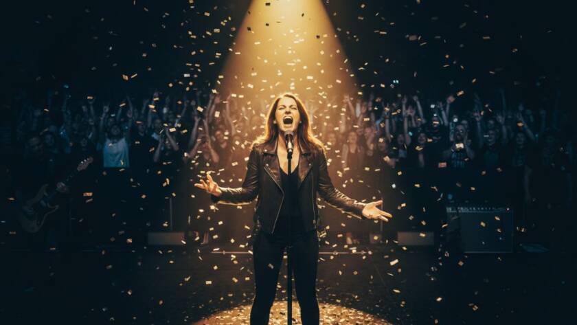 Dynamic wide shot capturing the intense energy of a rock band on stage in Clyde, Victoria, with a lead guitarist mid-shred under dramatic spotlights, perfectly exemplifying Clyde Victoria concert photography experts' capture of an epic moment.