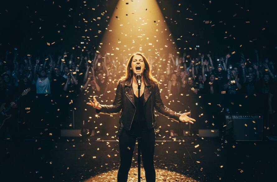 Dynamic wide shot capturing the intense energy of a rock band on stage in Clyde, Victoria, with a lead guitarist mid-shred under dramatic spotlights, perfectly exemplifying Clyde Victoria concert photography experts' capture of an epic moment.