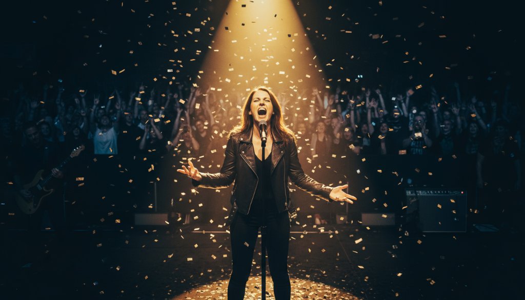 Dynamic wide shot capturing the intense energy of a rock band on stage in Clyde, Victoria, with a lead guitarist mid-shred under dramatic spotlights, perfectly exemplifying Clyde Victoria concert photography experts' capture of an epic moment.