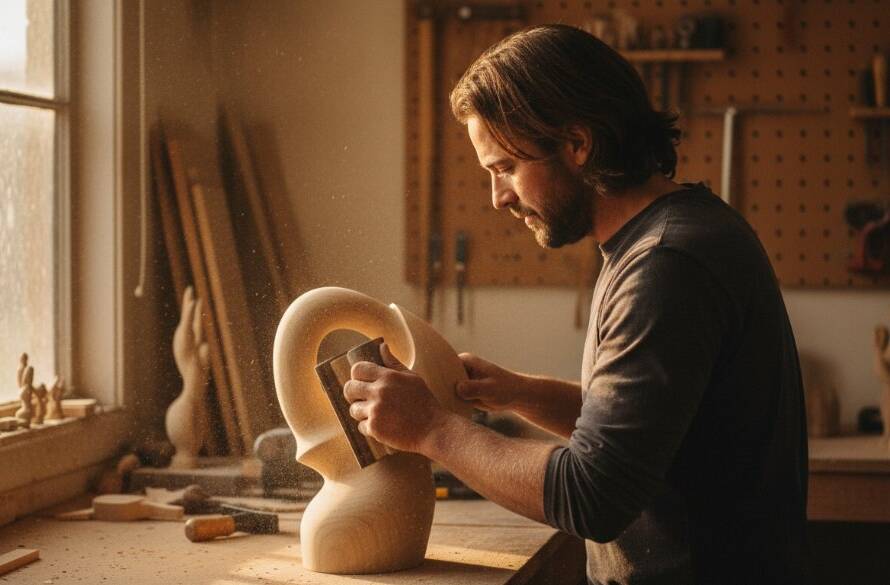 An epic moment captured through professional editorial photography in Clyde, Victoria, showing a local artisan passionately crafting custom furniture in their workshop, with dramatic lighting highlighting sawdust in the air and the texture of wood, conveying dedication and authenticity. This powerful image represents Clyde Victoria editorial photography for burgeoning local brands.