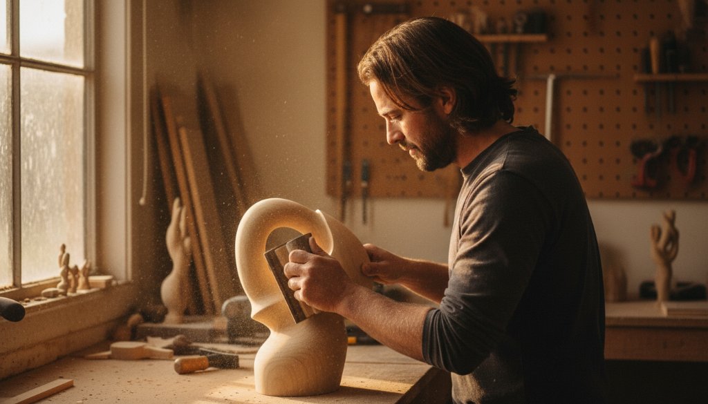 An epic moment captured through professional editorial photography in Clyde, Victoria, showing a local artisan passionately crafting custom furniture in their workshop, with dramatic lighting highlighting sawdust in the air and the texture of wood, conveying dedication and authenticity. This powerful image represents Clyde Victoria editorial photography for burgeoning local brands.