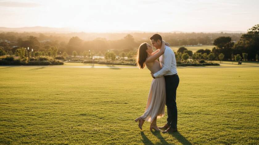 An epic moment captured during Clyde Victoria engagement photography picturesque parklands, featuring a couple embracing passionately at sunset amidst lush green parklands, with dramatic golden hour lighting highlighting their joy and the serene Australian landscape.