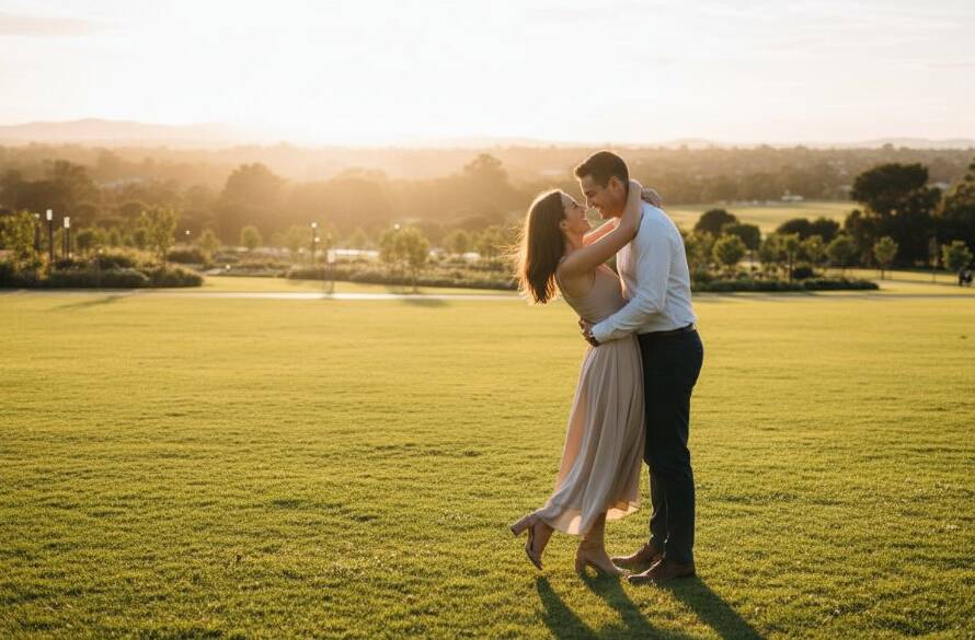 An epic moment captured during Clyde Victoria engagement photography picturesque parklands, featuring a couple embracing passionately at sunset amidst lush green parklands, with dramatic golden hour lighting highlighting their joy and the serene Australian landscape.