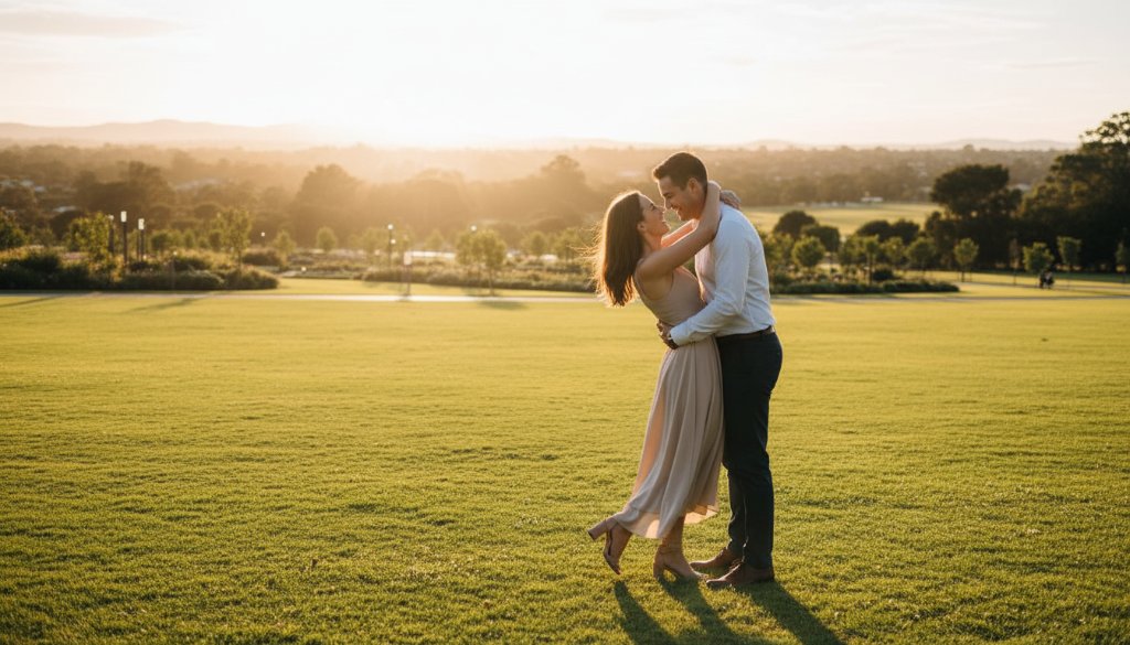 An epic moment captured during Clyde Victoria engagement photography picturesque parklands, featuring a couple embracing passionately at sunset amidst lush green parklands, with dramatic golden hour lighting highlighting their joy and the serene Australian landscape.