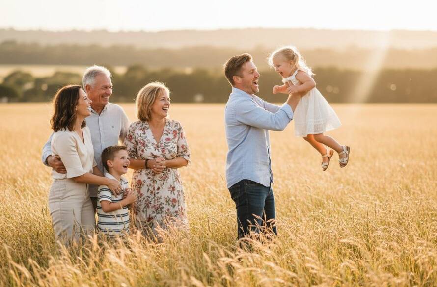 A heartwarming, sun-drenched photograph of a family laughing genuinely in a golden field in Clyde, Victoria, embodying the essence of Clyde Victoria genuine family photography.