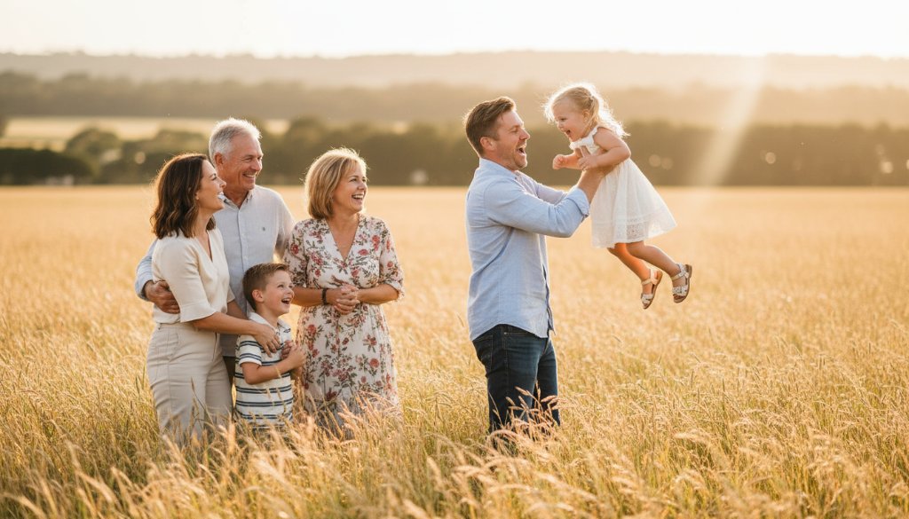 A heartwarming, sun-drenched photograph of a family laughing genuinely in a golden field in Clyde, Victoria, embodying the essence of Clyde Victoria genuine family photography.