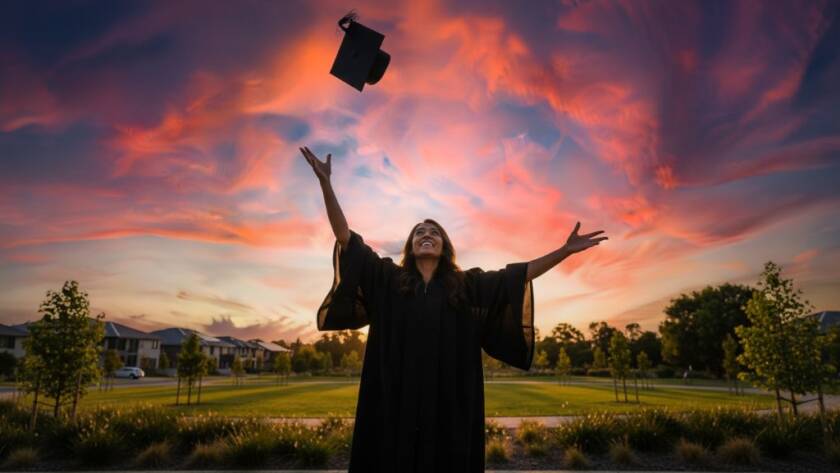 A triumphant graduate in their cap and gown, framed against a beautiful, sun-drenched park in Clyde, Victoria, mid-air with their cap, celebrating their achievement. This exemplifies professional Clyde Victoria Graduation Photography Professional Portraits with a vibrant, celebratory feel.