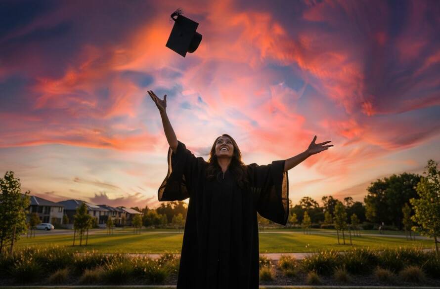 A triumphant graduate in their cap and gown, framed against a beautiful, sun-drenched park in Clyde, Victoria, mid-air with their cap, celebrating their achievement. This exemplifies professional Clyde Victoria Graduation Photography Professional Portraits with a vibrant, celebratory feel.