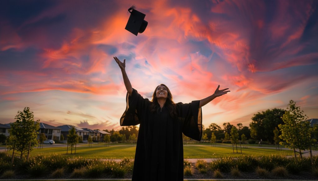 A triumphant graduate in their cap and gown, framed against a beautiful, sun-drenched park in Clyde, Victoria, mid-air with their cap, celebrating their achievement. This exemplifies professional Clyde Victoria Graduation Photography Professional Portraits with a vibrant, celebratory feel.
