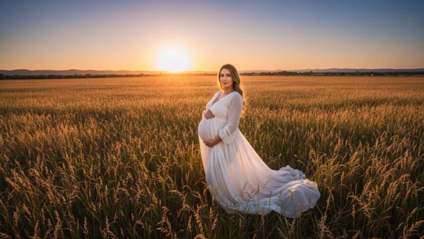 A pregnant woman in a flowing gown standing dramatically against a golden sunset in a scenic Clyde, Victoria landscape, capturing an epic Clyde Victoria maternity photoshoot experience with cinematic lighting.