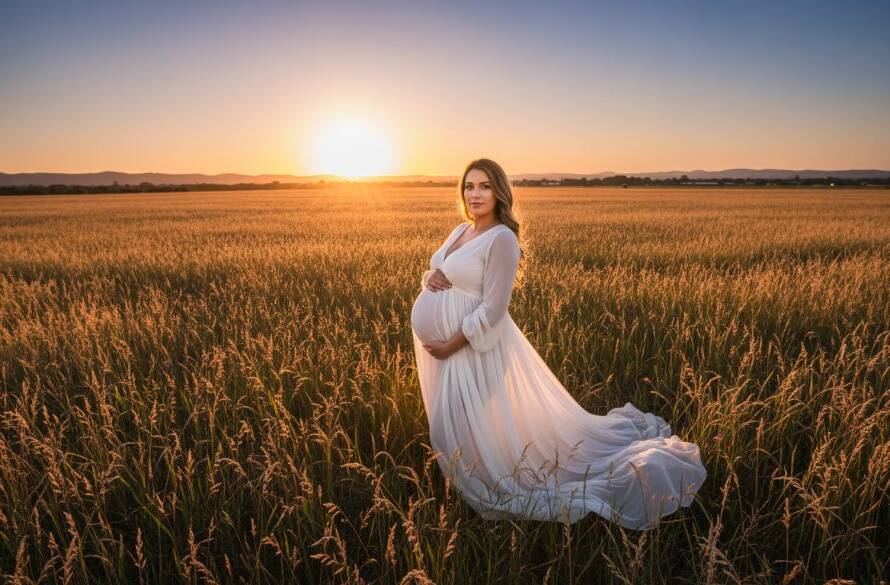 A pregnant woman in a flowing gown standing dramatically against a golden sunset in a scenic Clyde, Victoria landscape, capturing an epic Clyde Victoria maternity photoshoot experience with cinematic lighting.