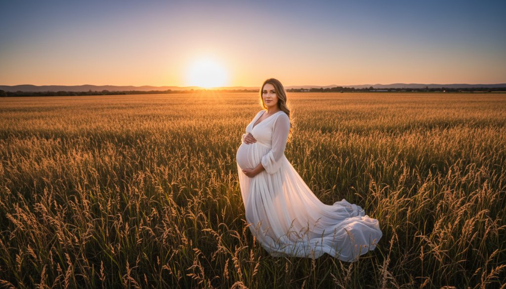 A pregnant woman in a flowing gown standing dramatically against a golden sunset in a scenic Clyde, Victoria landscape, capturing an epic Clyde Victoria maternity photoshoot experience with cinematic lighting.