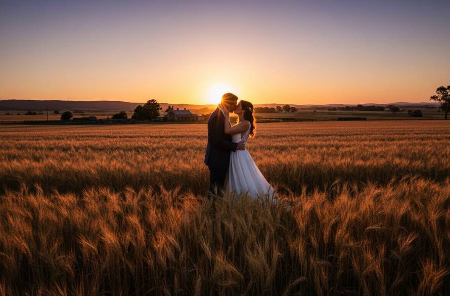 A radiant couple embracing under a dramatic sunset in a sweeping Clyde Victoria outdoor wedding photography storytelling shot, showcasing golden hour light on a rustic farm setting.