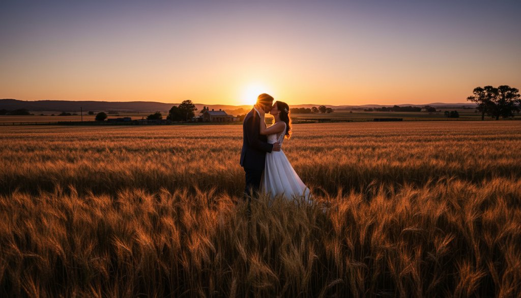A radiant couple embracing under a dramatic sunset in a sweeping Clyde Victoria outdoor wedding photography storytelling shot, showcasing golden hour light on a rustic farm setting.