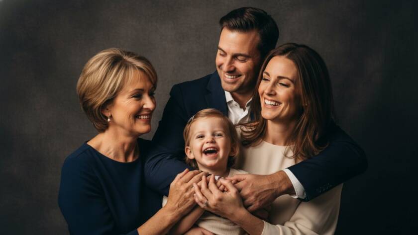 An intimate, emotionally charged photograph capturing a family's bond during a Clyde Victoria professional portrait studio experience, with warm, dramatic lighting highlighting their expressions.