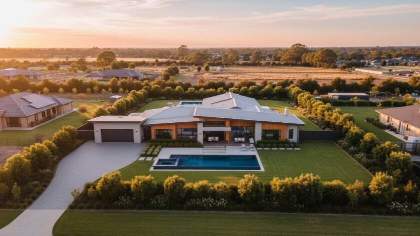 An aerial wide shot showcasing a luxurious modern home in Clyde, Victoria, bathed in golden hour light, with manicured gardens and a swimming pool, highlighting the stunning architecture for Clyde Victoria property showcase photography.