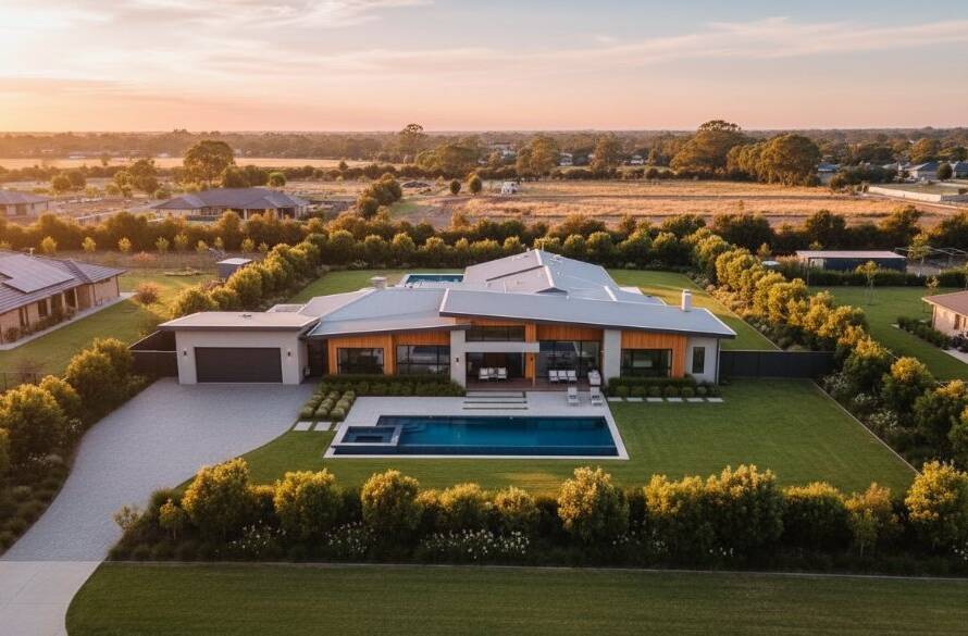 An aerial wide shot showcasing a luxurious modern home in Clyde, Victoria, bathed in golden hour light, with manicured gardens and a swimming pool, highlighting the stunning architecture for Clyde Victoria property showcase photography.