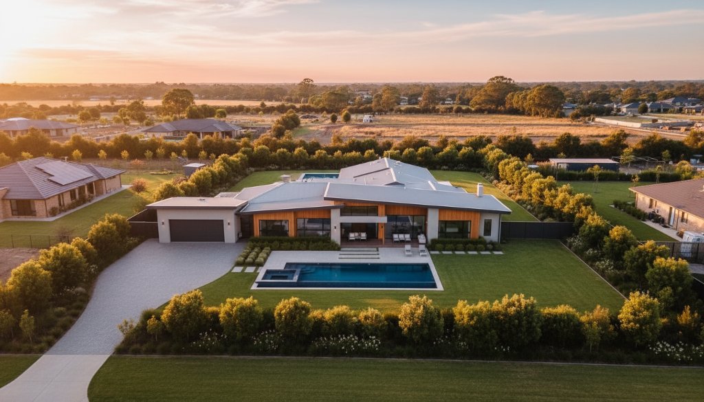 An aerial wide shot showcasing a luxurious modern home in Clyde, Victoria, bathed in golden hour light, with manicured gardens and a swimming pool, highlighting the stunning architecture for Clyde Victoria property showcase photography.