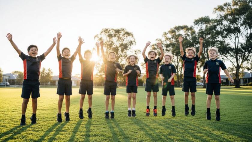 A vibrant, wide-angle shot of a diverse group of primary school children in Clyde, Victoria, celebrating after a sports day, arms raised in triumph and laughter, embodying Clyde Victoria school photography capturing authentic student joy, with the warm afternoon sun casting dramatic backlighting and lens flares.