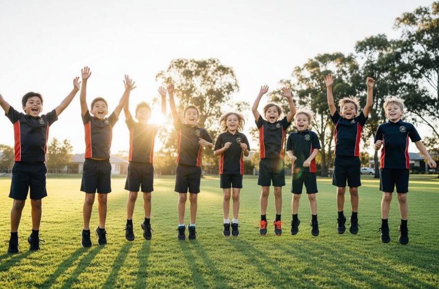 A vibrant, wide-angle shot of a diverse group of primary school children in Clyde, Victoria, celebrating after a sports day, arms raised in triumph and laughter, embodying Clyde Victoria school photography capturing authentic student joy, with the warm afternoon sun casting dramatic backlighting and lens flares.
