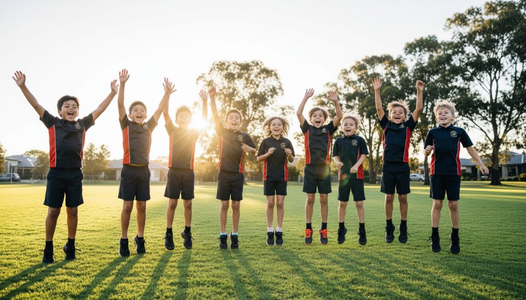 A vibrant, wide-angle shot of a diverse group of primary school children in Clyde, Victoria, celebrating after a sports day, arms raised in triumph and laughter, embodying Clyde Victoria school photography capturing authentic student joy, with the warm afternoon sun casting dramatic backlighting and lens flares.