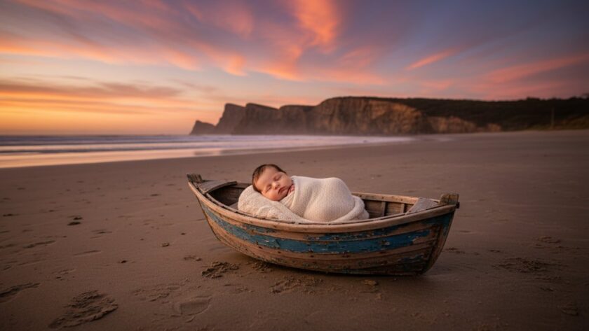 An epic moment captures a sleeping newborn baby nestled in a soft, natural wool wrap on a weathered timber prop, with a dramatically blurred background of the rugged Portland coastline at sunset, bathed in warm, golden light. This coastal baby photos Portland Victoria evokes peace and timeless beauty.