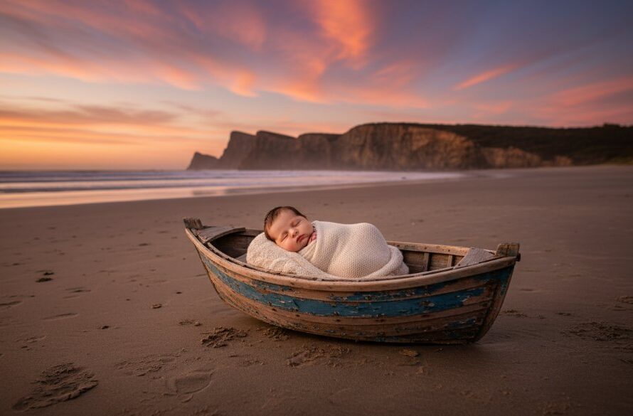 An epic moment captures a sleeping newborn baby nestled in a soft, natural wool wrap on a weathered timber prop, with a dramatically blurred background of the rugged Portland coastline at sunset, bathed in warm, golden light. This coastal baby photos Portland Victoria evokes peace and timeless beauty.