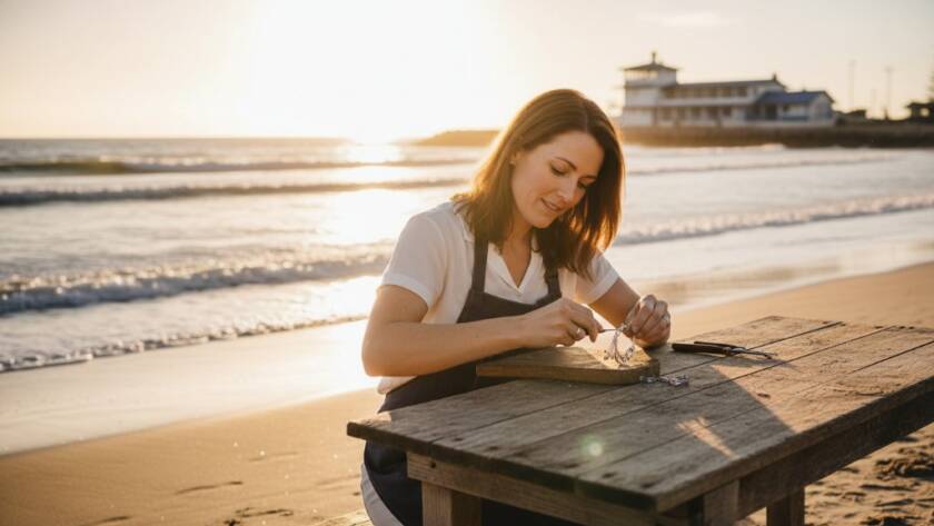 A dynamic wide shot showcasing Coastal Carrum branding photography for entrepreneurs, featuring a female artisan passionately creating pottery on a sun-drenched beach with the iconic Carrum Life Saving Club in the background, golden hour light, professional cinematic quality.