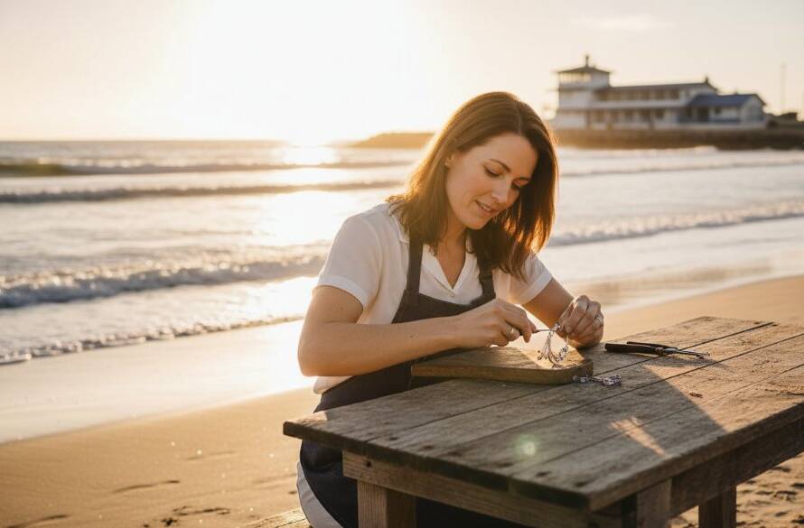 A dynamic wide shot showcasing Coastal Carrum branding photography for entrepreneurs, featuring a female artisan passionately creating pottery on a sun-drenched beach with the iconic Carrum Life Saving Club in the background, golden hour light, professional cinematic quality.