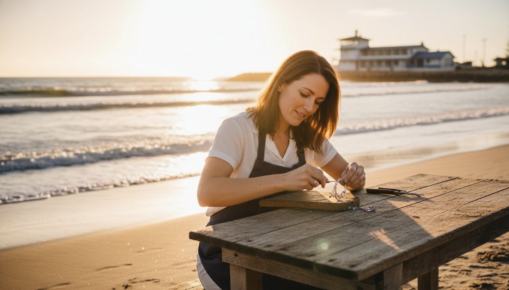 A dynamic wide shot showcasing Coastal Carrum branding photography for entrepreneurs, featuring a female artisan passionately creating pottery on a sun-drenched beach with the iconic Carrum Life Saving Club in the background, golden hour light, professional cinematic quality.