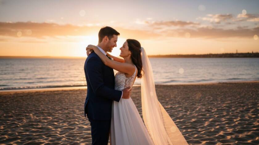 An epic moment of a newlywed couple embracing passionately on Sandringham beach at sunset, with golden light reflecting off the water, expertly captured for coastal Sandringham wedding photography capturing genuine joy.