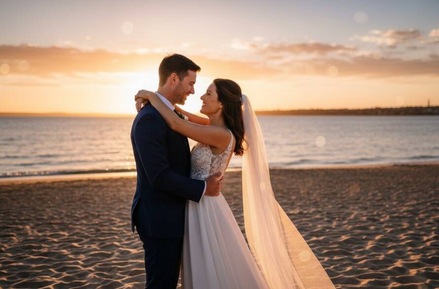 An epic moment of a newlywed couple embracing passionately on Sandringham beach at sunset, with golden light reflecting off the water, expertly captured for coastal Sandringham wedding photography capturing genuine joy.