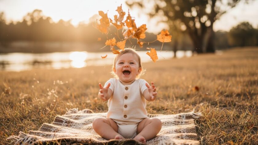 A heartwarming 'epic moment' photograph capturing a Cobram baby's first year photography session, with a baby giggling joyfully in a sun-drenched field near the Murray River at golden hour, professionally colour-graded with dramatic lighting.