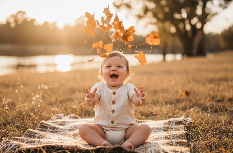 A heartwarming 'epic moment' photograph capturing a Cobram baby's first year photography session, with a baby giggling joyfully in a sun-drenched field near the Murray River at golden hour, professionally colour-graded with dramatic lighting.