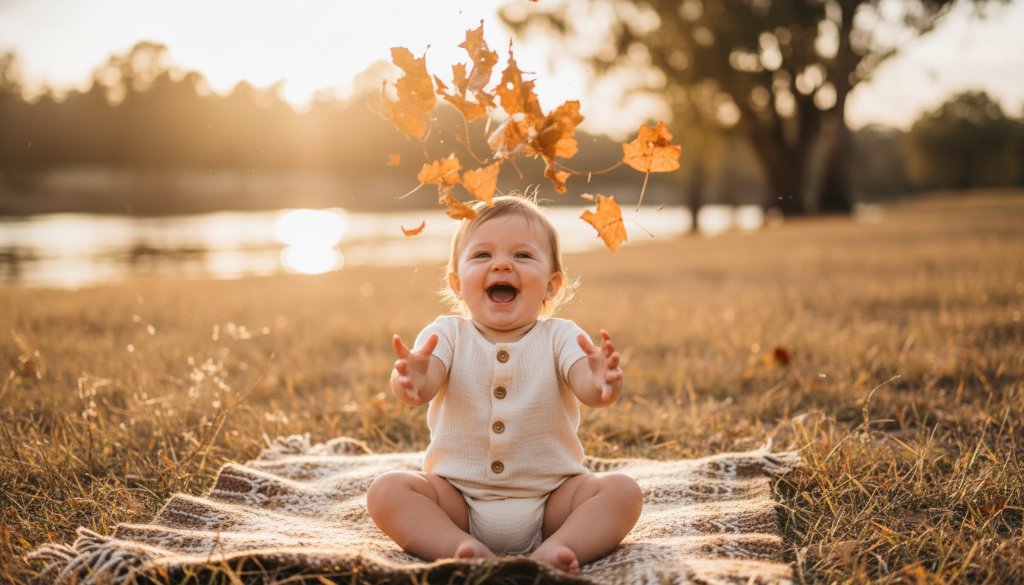 A heartwarming 'epic moment' photograph capturing a Cobram baby's first year photography session, with a baby giggling joyfully in a sun-drenched field near the Murray River at golden hour, professionally colour-graded with dramatic lighting.