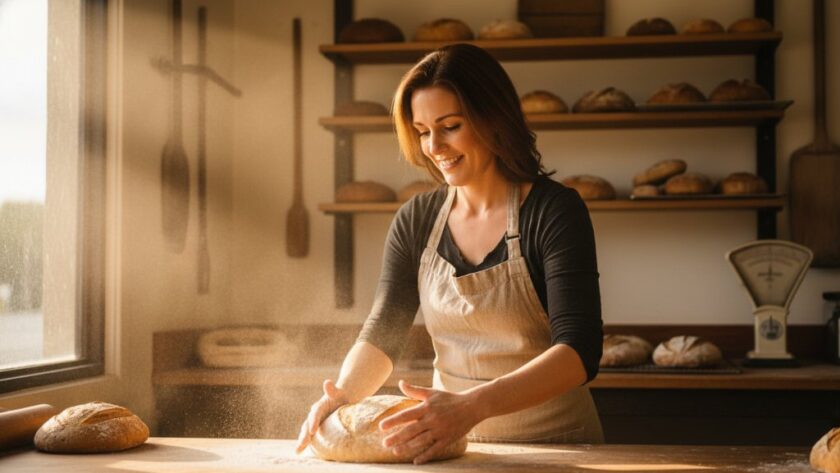 An inspiring Cobram branding photography moment: a female small business owner confidently presenting her locally sourced products at a bustling Cobram farmers' market, bathed in golden hour light, customers smiling in the background.