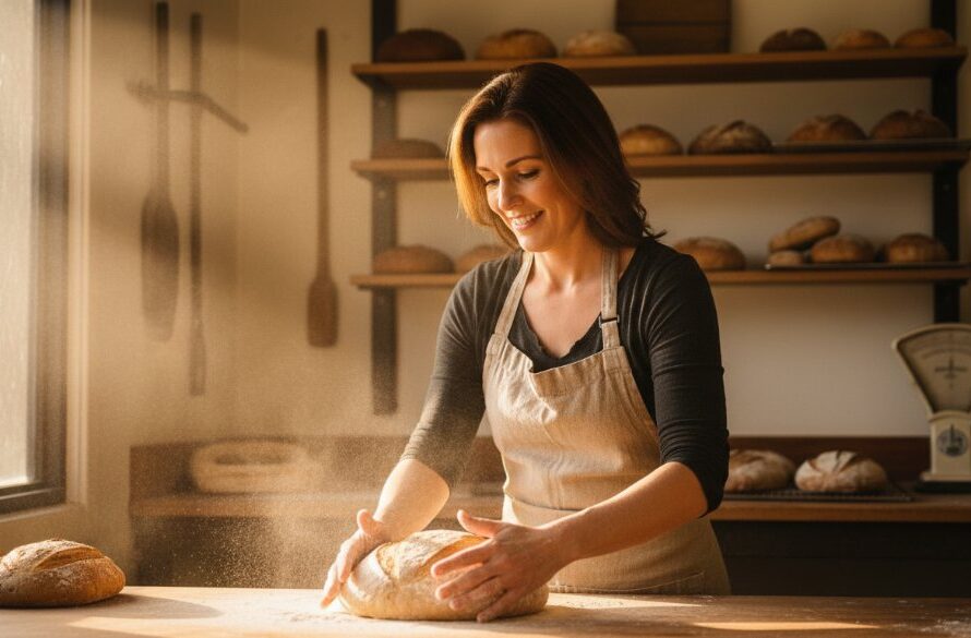 An inspiring Cobram branding photography moment: a female small business owner confidently presenting her locally sourced products at a bustling Cobram farmers' market, bathed in golden hour light, customers smiling in the background.