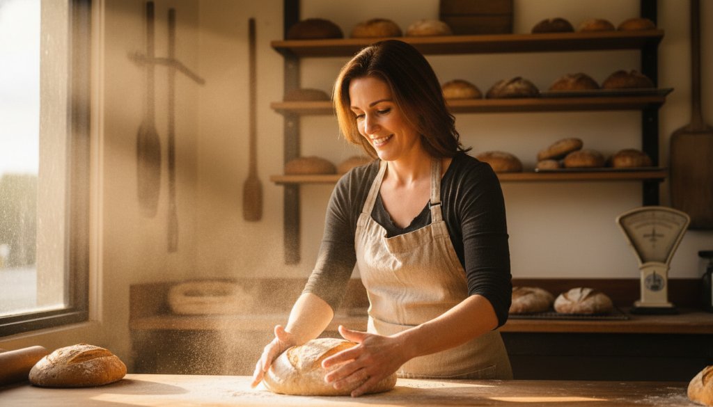 An inspiring Cobram branding photography moment: a female small business owner confidently presenting her locally sourced products at a bustling Cobram farmers' market, bathed in golden hour light, customers smiling in the background.